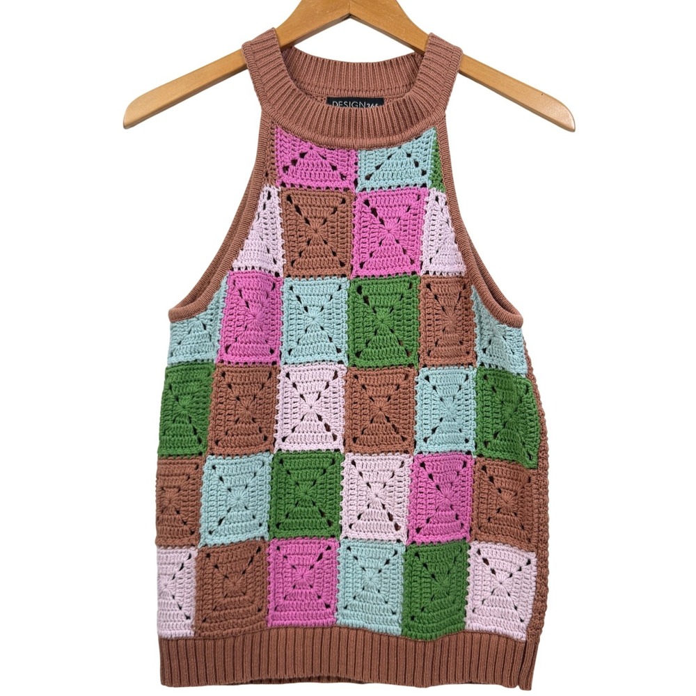 Design 365 Granny Square Crochet Halter Knit Tank Top Patchwork Multi Color L